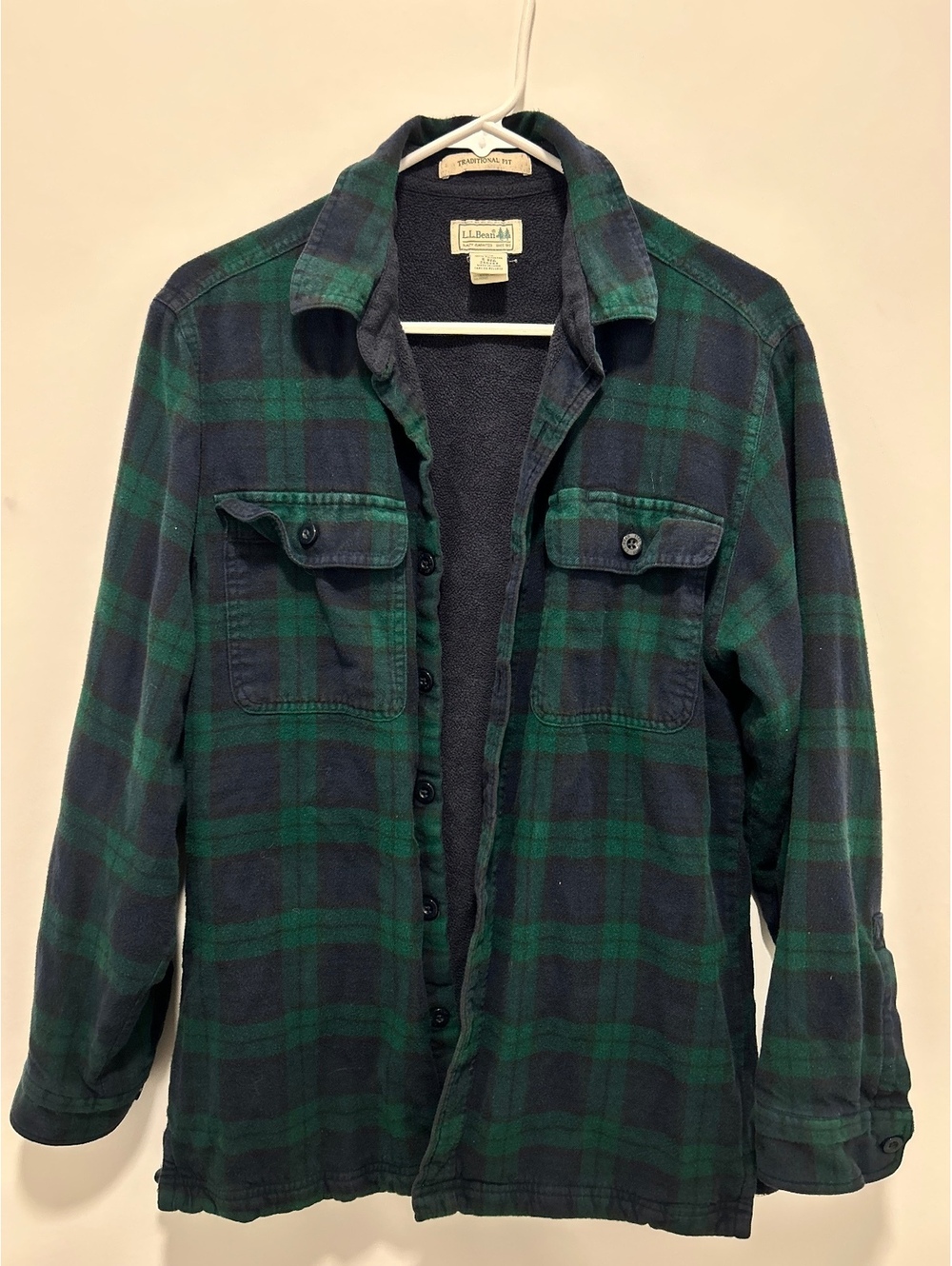 L.L.Bean Traditional Fit Green and Navy Plaid Fleece-Lined Shirt Jacket